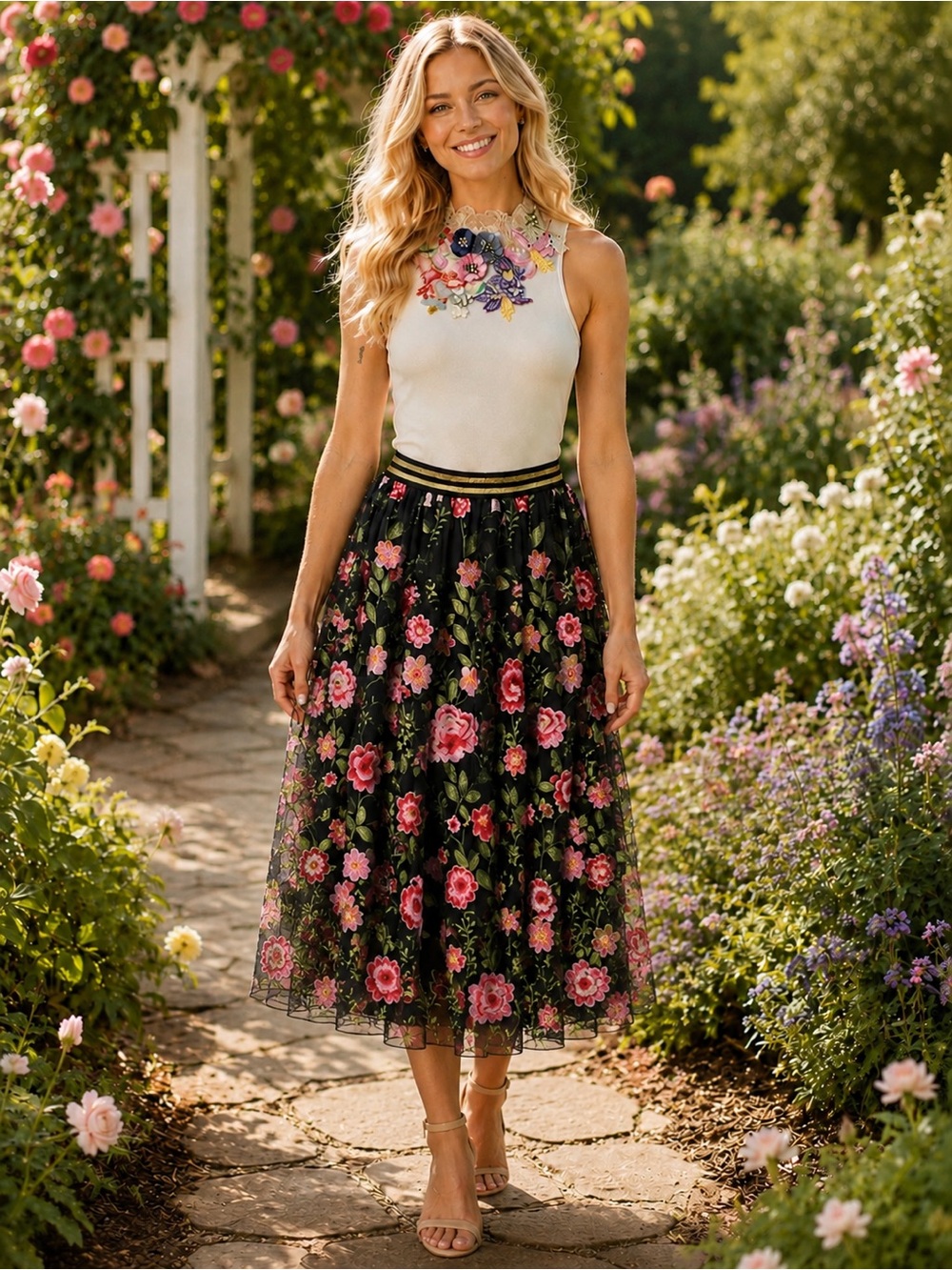 Aratta XL Dark Rose Embroidered Skirt Floral Midi Black Skirt